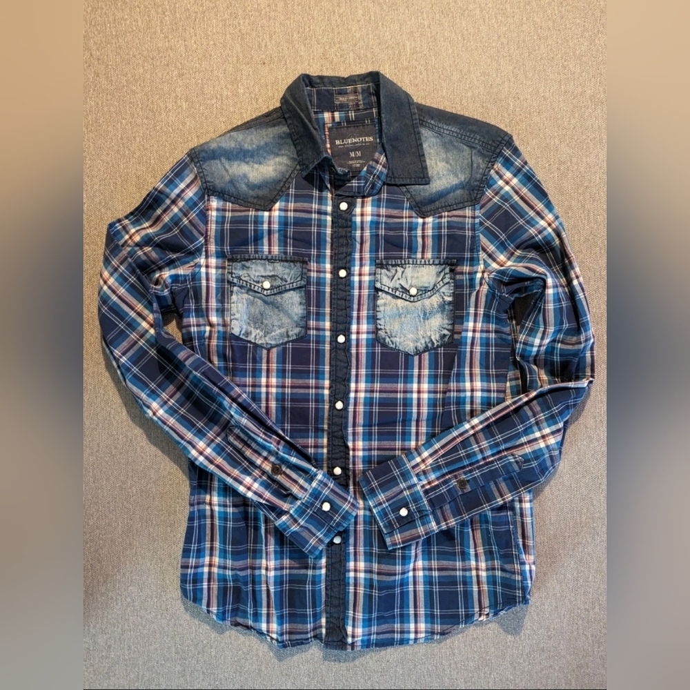 Bluenotes Men's Navy and Red Plaid Button Snap Shirt Med